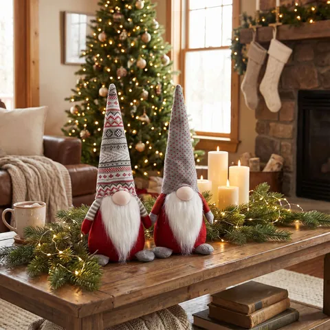 Nain De Noël En Peluche Poupée Bonnet Tricoté Motifs Cœur Géométriques Tomte Sans Visage Décoration Table Longue Barbe Blanche