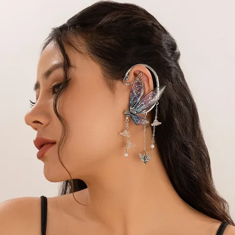 Fairy Style Butterfly Wings Tassel Ear Hook For Women Vintage Silver Plated Elf Ear Cuff With Artificial Pearl Resin Flower