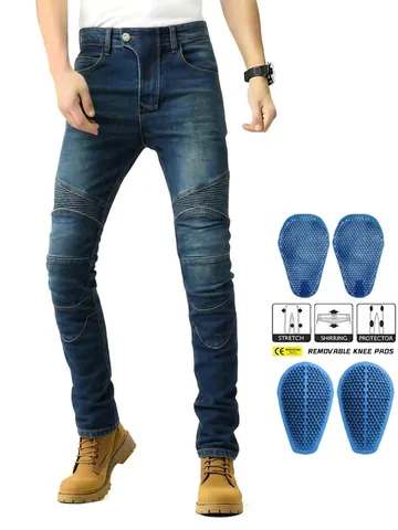 Pantaloni da Moto retrò da Uomo in Denim Elasticizzato con Imbottiture Protettive Nero Blu Pantaloni da Ciclismo all'Aperto