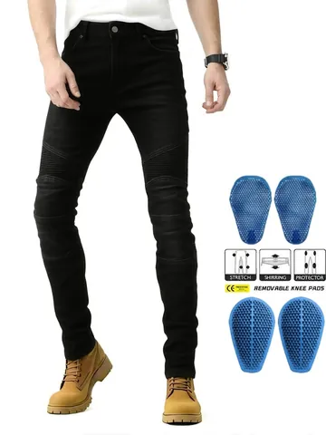 Pantaloni da Moto retrò da Uomo in Denim Elasticizzato con Imbottiture Protettive Nero Blu Pantaloni da Ciclismo all'Aperto