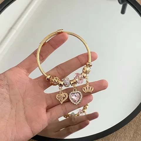 Pulsera de Cuentas de Acero Inoxidable para Mujer Con Colgante de Corazón Corona Charm Strass Zirconia Acrílico Joyería Dulce