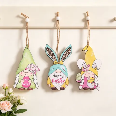 Ornamenti Appesi Gnomi In Legno Di Pasqua Orecchie Di Coniglio Motivo Leopardato Ciondolo Happy Easter Per Casa Festa