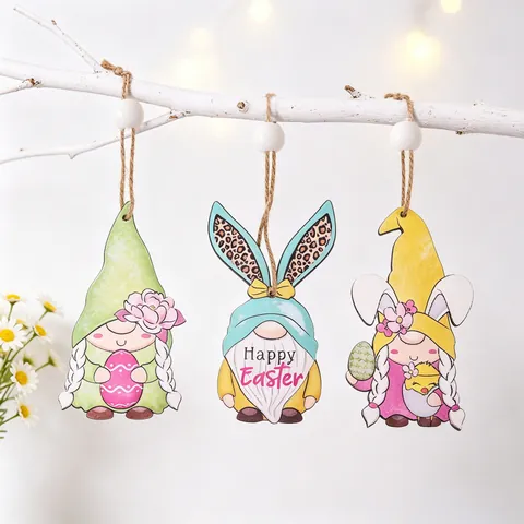 Ornamenti Appesi Gnomi In Legno Di Pasqua Orecchie Di Coniglio Motivo Leopardato Ciondolo Happy Easter Per Casa Festa