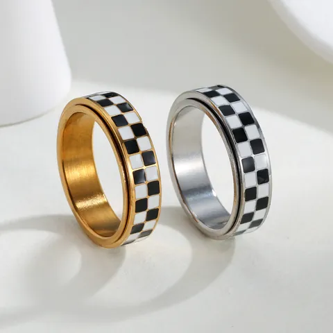 Klassieke 304 Roestvrij Stalen Schaakbord Spinner Ring Draaibare Zwart Wit Raster Gepersonaliseerde Band Ring Heren Dames Sieraden