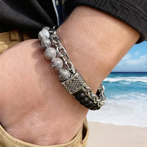 Men Double Layer Bracelet Stainless Steel Tiger Eye Black Matte Agate Splicing Chain Toggle Clasp Punk Fashion Jewelry
