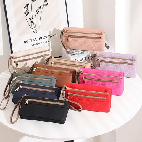 Women Long Wallet Large Capacity Lychee Grain PU Leather Multi Slot Clutch Bag With Wristlet Golden Leaf Zipper Pull