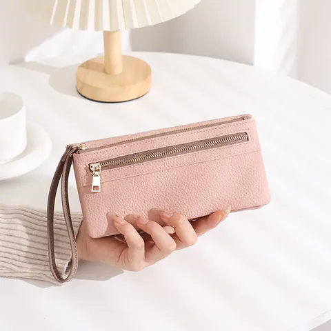 Women Long Wallet Large Capacity Lychee Grain PU Leather Multi Slot Clutch Bag With Wristlet Golden Leaf Zipper Pull
