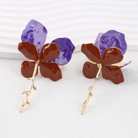 Orecchini a Goccia Vintage in Lega Smaltata a Forma di Fiore Unici Increspati Metallici a Ramo di Rosa per Donna Gioielli Artistici