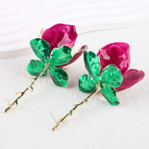 Orecchini a Goccia Vintage in Lega Smaltata a Forma di Fiore Unici Increspati Metallici a Ramo di Rosa per Donna Gioielli Artistici