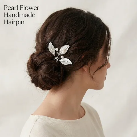 Palillo para el Cabello de Aleación Hoja de Plata Perla Artificial Hecho a Mano Horquilla en U Elegantes Accesorios para el Cabello