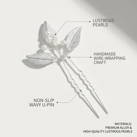 Palillo para el Cabello de Aleación Hoja de Plata Perla Artificial Hecho a Mano Horquilla en U Elegantes Accesorios para el Cabello