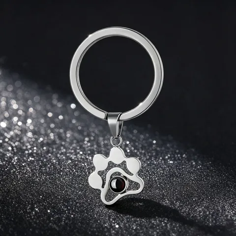 Pet Paw Print Projection Keychain Stainless Steel 100 Languages I Love You Hollow Dog Paw Pendant Keychain Gift For Pet Lovers