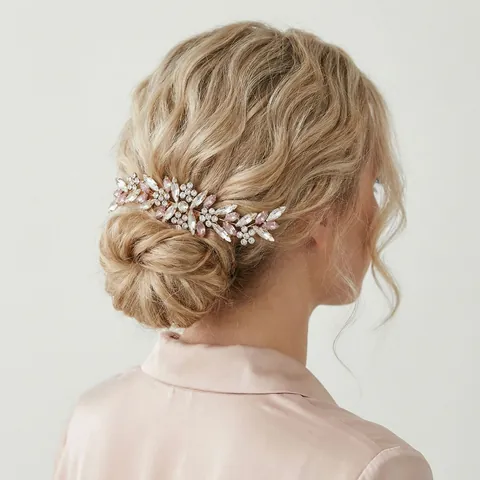 Peine para el Cabello de Novia de Aleación Oro Con Strass Marquesa Rosa Cristales Claros Tocado de Boda Vintage para Mujer