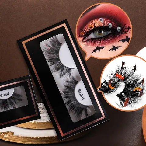 Halloween Falsche Wimpern Nerzimitat 8D Dramatisch Dichte Wimpern Mit Kürbis Fledermaus Totenkopf Für Kostümparty Damen Makeup