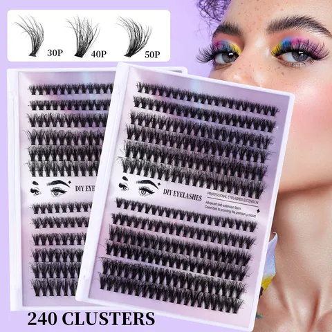 Kit d'Extensions de Cils en Grappe Segmentés DIY Professionnel Courbure D Faux Cils Naturels et Moelleux Avec Pinceau à Colle et Pincette