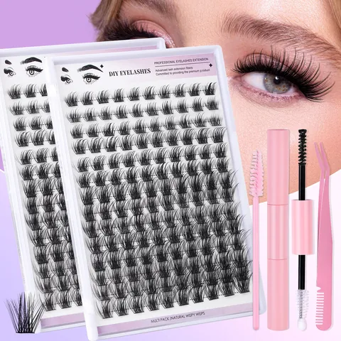 DIY Lash Extension Kit Synthetic Fiber Wispy D Curl Natural Eyelash Clusters With Bond Seal Tweezers Spoolie For Women