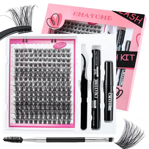 Professional DIY Individual Cluster Eyelash Extension Kit With Bond And Seal Remover Tweezers Spoolie Brush For Women Home Use Salon Look Mixed Length Black Synthetic Lashes