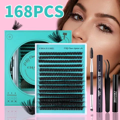 Professional Cluster Eyelash Kit With Bond Seal Remover Tweezer Brush Synthetic Fiber Extensions For Women Eye Makeup