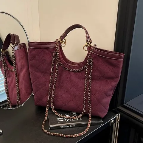 Große Kapazität Gesteppte Tragetasche Für Damen Vintage Wildleder-Optik Polyester Schultertasche Mit Kette Eleganter Handtasche