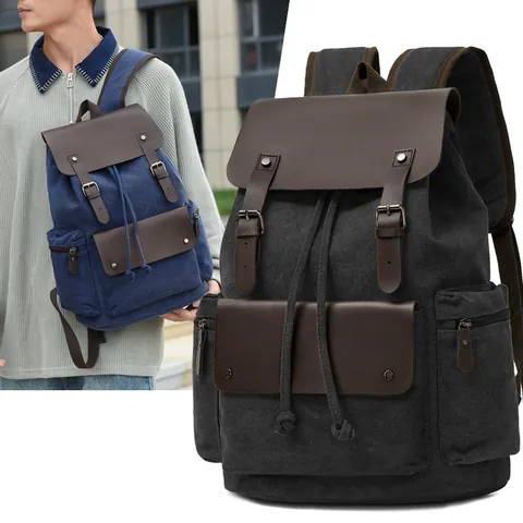 Mochila de Lona Vintage Gran Capacidad Bolsa para Portátil Retro Mochila de Viaje Con Solapa y Cordón Para Hombres Mujeres Escuela Senderismo