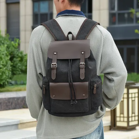 Mochila de Lona Vintage Gran Capacidad Bolsa para Portátil Retro Mochila de Viaje Con Solapa y Cordón Para Hombres Mujeres Escuela Senderismo