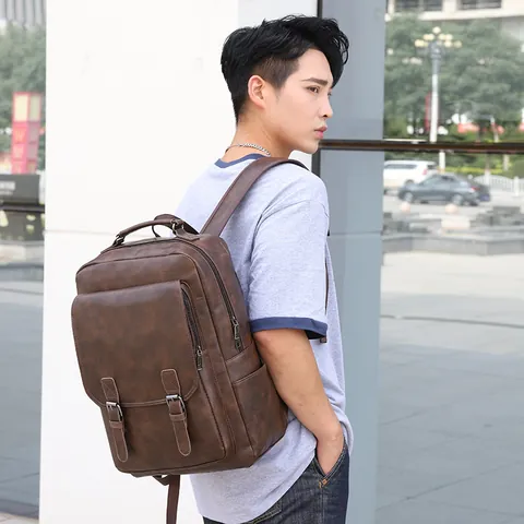 Herren Wasserabweisender PU Leder Rucksack Große Kapazität Vintage Business Laptop Tasche Mit Gürteldekoration Für Reise Büro