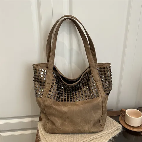 Borsa Tote da Donna Vintage con Rivetti Grande Capacità in Tessuto Denim Lavato Borsa a Tracolla Retro con Borchie in Metallo Borsa Shopper