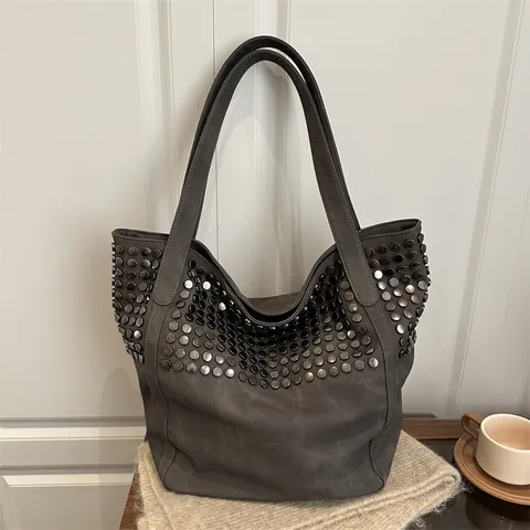 Borsa Tote da Donna Vintage con Rivetti Grande Capacità in Tessuto Denim Lavato Borsa a Tracolla Retro con Borchie in Metallo Borsa Shopper
