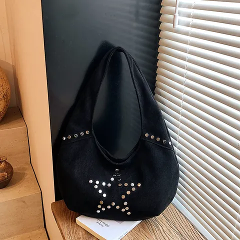 Vintage Wildleder Stern Nieten Hobo Tasche Für Damen Große Kapazität Schultertasche Retro Streetwear Unterarmtasche Boho Handtasche