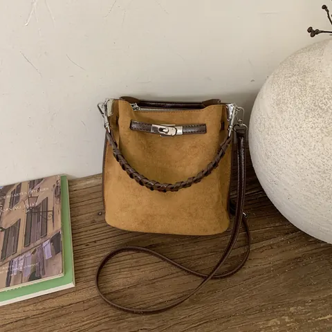 Secchiello Vintage da Donna Con Manico Intrecciato E Chiusura In Metallo Elegante Borsa In Pelle PU Scamosciata Per Pendolari