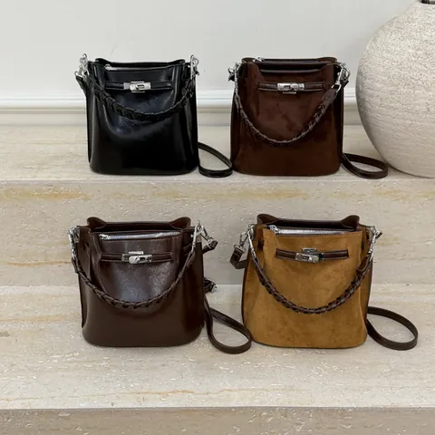 Secchiello Vintage da Donna Con Manico Intrecciato E Chiusura In Metallo Elegante Borsa In Pelle PU Scamosciata Per Pendolari