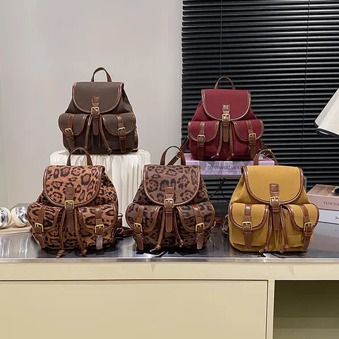Vintage Leopard Print Mini Backpack For Kids Women Faux Suede PU Leather Multi Pocket Drawstring Small Travel Daypack