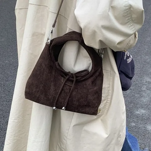 Damen Wildleder Kunstleder Tragetasche Mit Schleife Kordelzug Große Kapazität Umhängetasche Koreanischer Stil Retro Beuteltasche