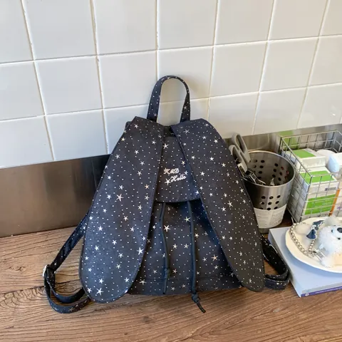 Vintage Konijnenoren Sterrenprint Dames Rugzak Grote Capaciteit Canvas Trekkoord Schoudertas Schattige Mode Casual Dagrugzak