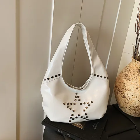 Bolso Hobo de Moda Punk con Remaches de Estrella para Mujer Gran Capacidad de Cuero PU Brillante Bolso de Hombro Vintage Tote Handbag para Diario