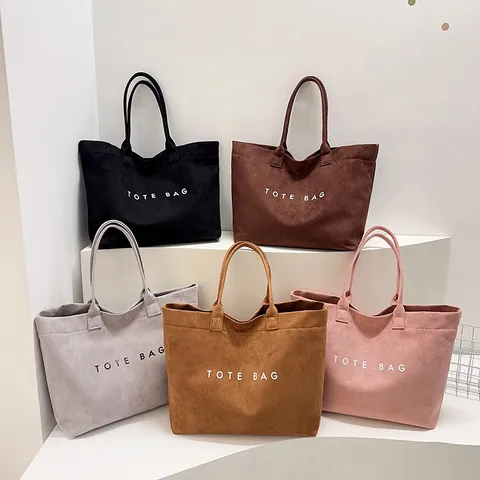 Women Large Capacity Suede Texture Tote Bag Fashion Letter Print Faux Leather Shoulder Bag Urban Casual Commuter Handbag