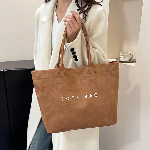 Women Large Capacity Suede Texture Tote Bag Fashion Letter Print Faux Leather Shoulder Bag Urban Casual Commuter Handbag