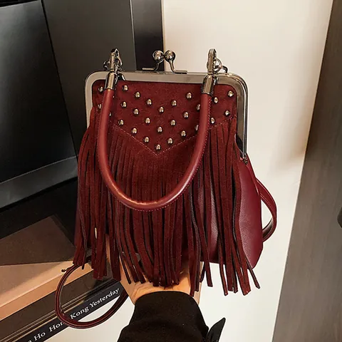 Vintage Kwastje Klinknagel Schoudertas Voor Dames Imitatie Suè de Dokterstas Crossbodytas Boheemse Stijl Kiss Lock Handtas