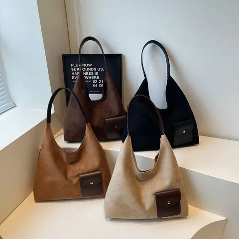 Bolso Tote De Gran Capacidad Para Mujer Con Textura De Gamuza Minimalista Vintage Bolso De Hombro De Cuero PU Con Bolsa Pequeña