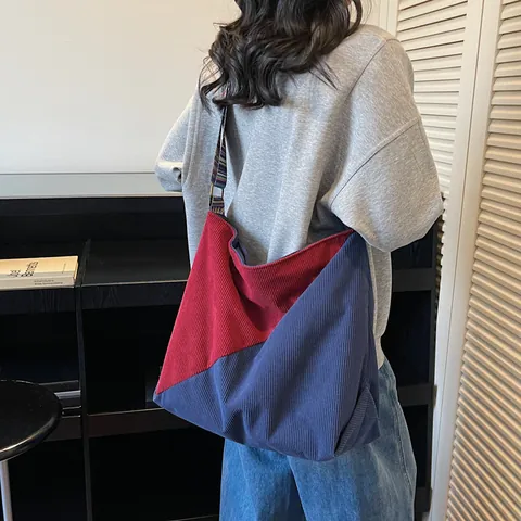 Sac à Épaule en Velours Côtelé pour Femme Grande Capacité Color Block Sac Bandoulière Avec Large Sangle Ethnique Réglable
