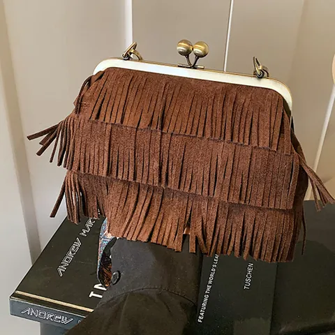 Vintage Boheemse Crossbody Tas Met Franjes Voor Vrouwen Suède Look Tassel Schoudertas Met Etnische Brede Band Clipsluiting