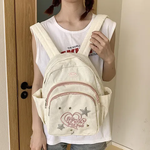 Women Corduroy Heart Star Embroidery Backpack Small Cute Casual School Bag Off White Pink Zipper Mini Daypack Travel Rucksack