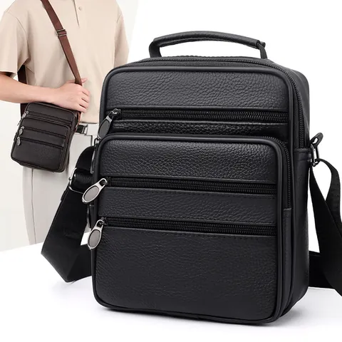 Men Genuine Leather Crossbody Bag First Layer Cowhide Business Casual Shoulder Bag With Multiple Zipper Pockets Top Handle Adjustable Strap