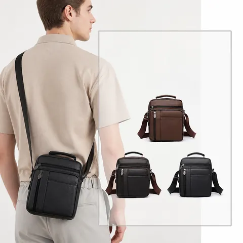 Herren Business Casual PU-Leder Schultertasche Multi-Pocket Umhängetasche Große Kapazität Reisetasche Mit Verstellbarem Gurt