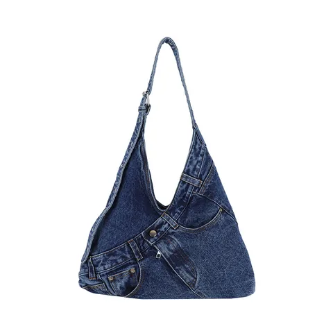 Dekonstruierte Denim Umhängetasche Für Damen Vintage Jean Style Tote Mit Taschen Metallknöpfen Große Kapazität Schultertasche