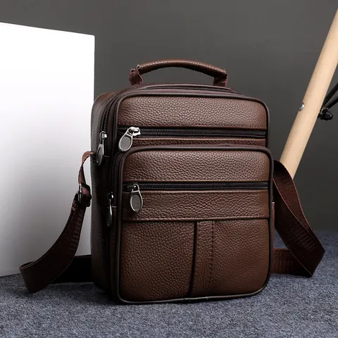 Sac Bandoulière Homme en Cuir Véritable Business Décontracté Grande Capacité Grain Litchi Cuir de Vachette