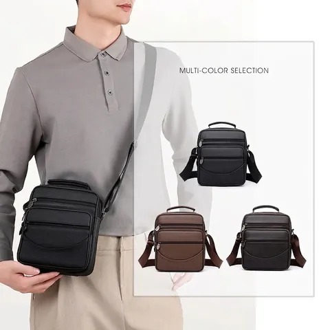 Borsa a Tracolla da Uomo Business Casual Pelle PU Texture Litchi Multi-Tasca Con Manico Superiore Tracolla Regolabile