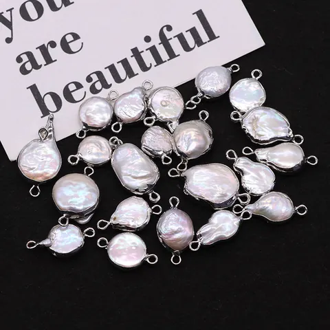 Natural Freshwater Pearl Connector Pendant Irregular Shell Gold Silver Plated Double Hole Charms For DIY Jewelry