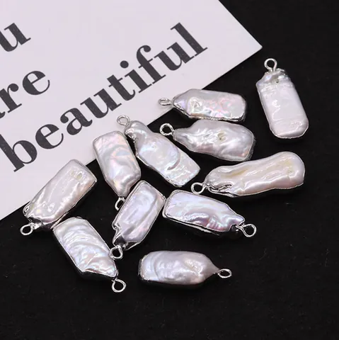Natural Baroque Freshwater Pearl Rectangle Pendant Only Without Chain Silver Gold Plated Alloy DIY Jewelry Making Accessories