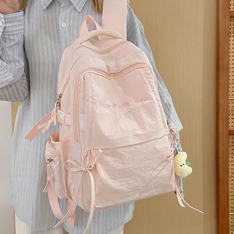 Large Capacity Nylon Backpack For Student School Bag With Embroidery Bow Pendant Japanese Style Travel Daypack Unisex